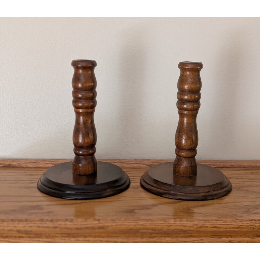 Vintage Pair of Wood Candlestick Holders Medium Brown Cottagecore Country